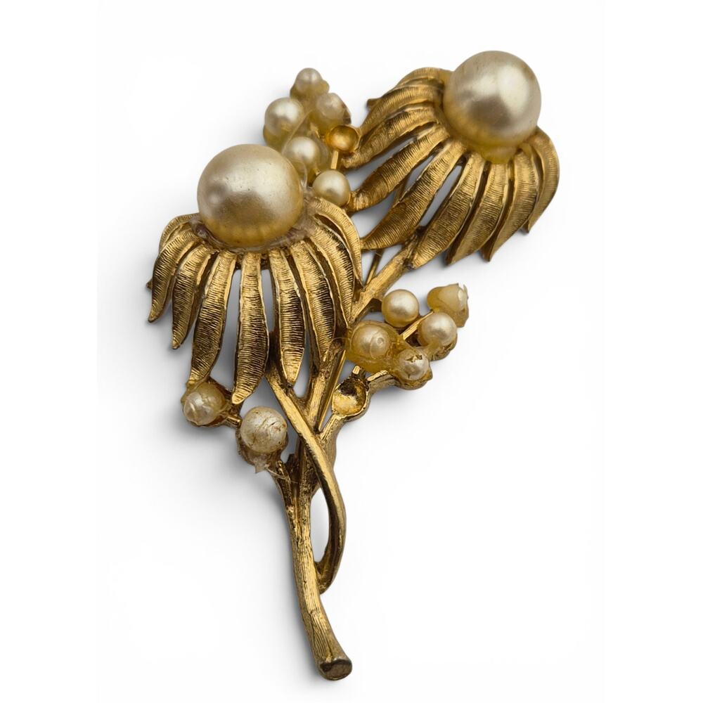 Vintage Faux Pearl Floral Brooch Gold Tone Mid Century Statement Pin